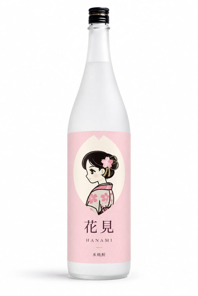 「花見（HANAMI）」ラベルを白いボトルに合わせた合成イメージ（AIによる作成）
