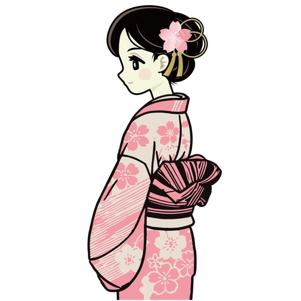 桜模様の着物を着た女性のイラスト（描き下ろし）